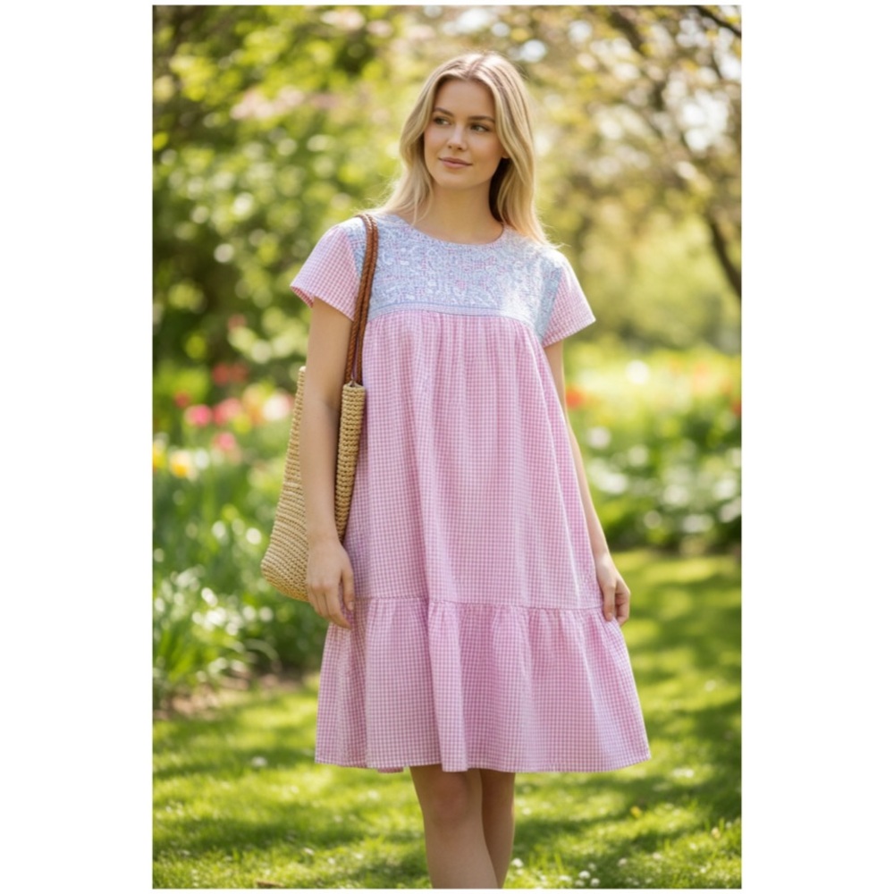 J.Marie Embroidered Gingham Angelina Dress Size Large New With Tags